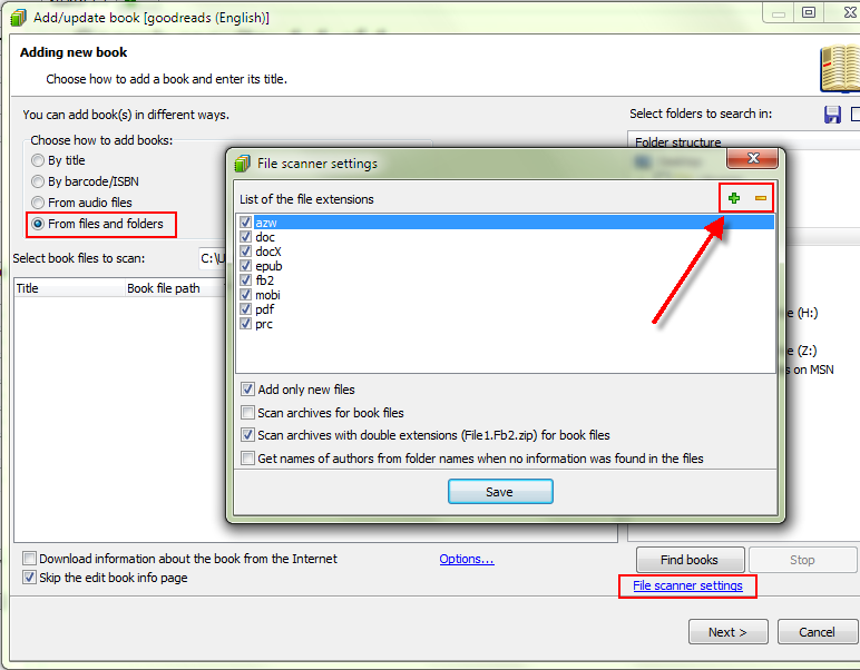 Add and remove e-book file extensions